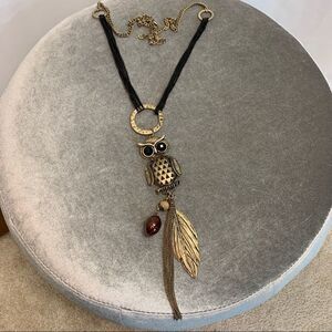 Owl feather leaf long costume jewellery necklace
